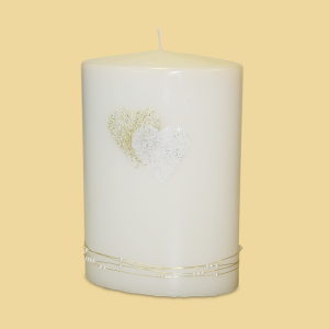 Hochzeitskerze Creme Oval mit Flitterherzen in gold/silber