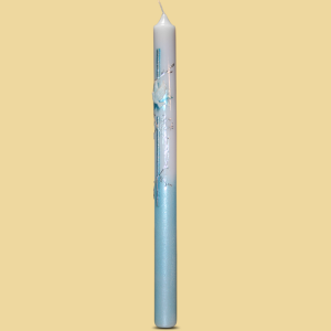Taufkerze blau mit Taube und Ranke in silber