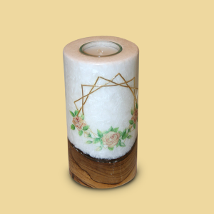 Hochzeitskerze mit Holz und Teelichteinsatz