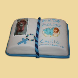 Tauftorte Buch blau mit Fotodruck, schlafendem Baby & Marzipan Rosenkranz