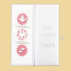 Taufbrief Zur heiligen Taufe mit Taube, Herz & Fischen rosa