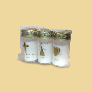 Mini Trauerlichter 3er weiß mit Goldmotiven in Denken, unvergessen, im Herzen