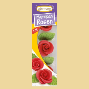 Marzipan Rosen rot 3er mit Bl&auml;ttern 
