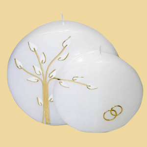 Hochzeitskerze Doppelscheibe Baum weiss/gold