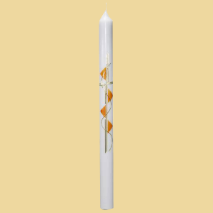 Taufkerze mit orangen Dreiecken und Kreuz